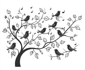 Fototapeta premium A tree filled with singing birds celebrating spring, coloring page for kids, simple outline illustration. Coloring book.