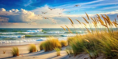 Beach grass swaying gently in ocean breeze, with waves crashing in background and seagulls flying overhead , seagulls, grass