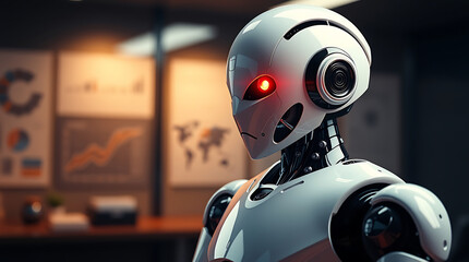 Futuristic Humanoid Robot Standing in a Modern Office Environment, artificial intelligence, AI, futuristic technology, robotics, automation, high-tech, cybernetic, smart robot, advanced robotic.