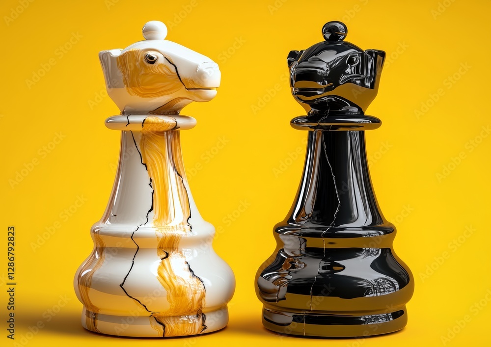 Poster a realistic knight is set against a bright yellow background with copy space, symbolizing a chess pi