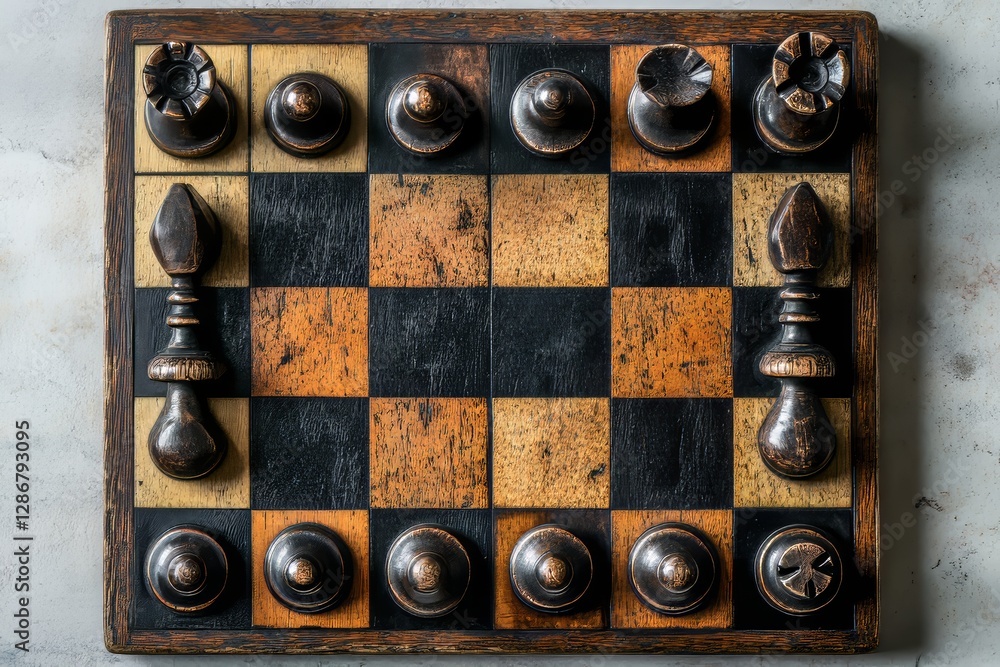 Poster overhead view of chess pieces clashing on a chessboard, symbolizing teamwork