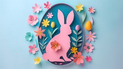 Easter background, paper cut art, colorful bunny and eggs. High quality photo