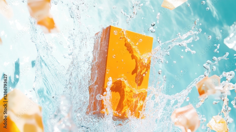 Poster orange object splashing in water against light blue background - refreshing image