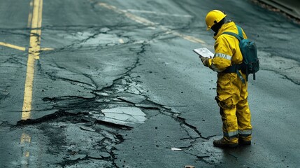 Worker in Safety Gear Inspecting Damaged Road After Natural Disaster with Cracks and Debris