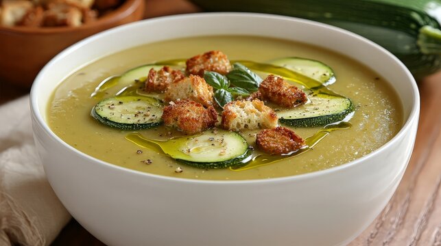 Creamy Zucchini Soup, Wooden Table, Close-up