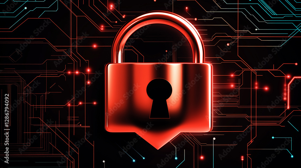 Poster red padlock protecting digital data on circuit board background