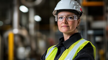 Confident engineer in safety gear, embodying professionalism and resilience in industrial expertise.
