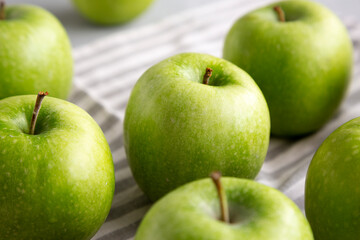 Organic Green Granny Smith Apples, side view. Close-up.
