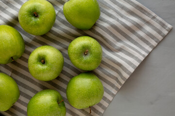Organic Green Granny Smith Apples, top view. Copy space.