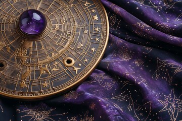 Ornate Astrological Chart with Amethyst Sphere on Purple Cosmic Fabric