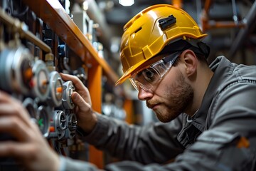 A skilled electrician focuses on a control panel with various electrical components. Wearing safety gear, he ensures proper functioning in an industrial facility. It is a detailed and precise task