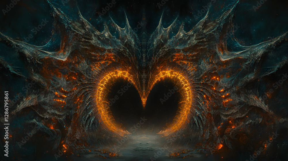 Poster heart shaped fire glowing in a dark space creating an artistic abstraction effect