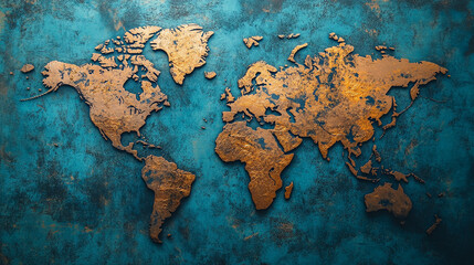 Golden Textured World Map on Distressed Blue Background