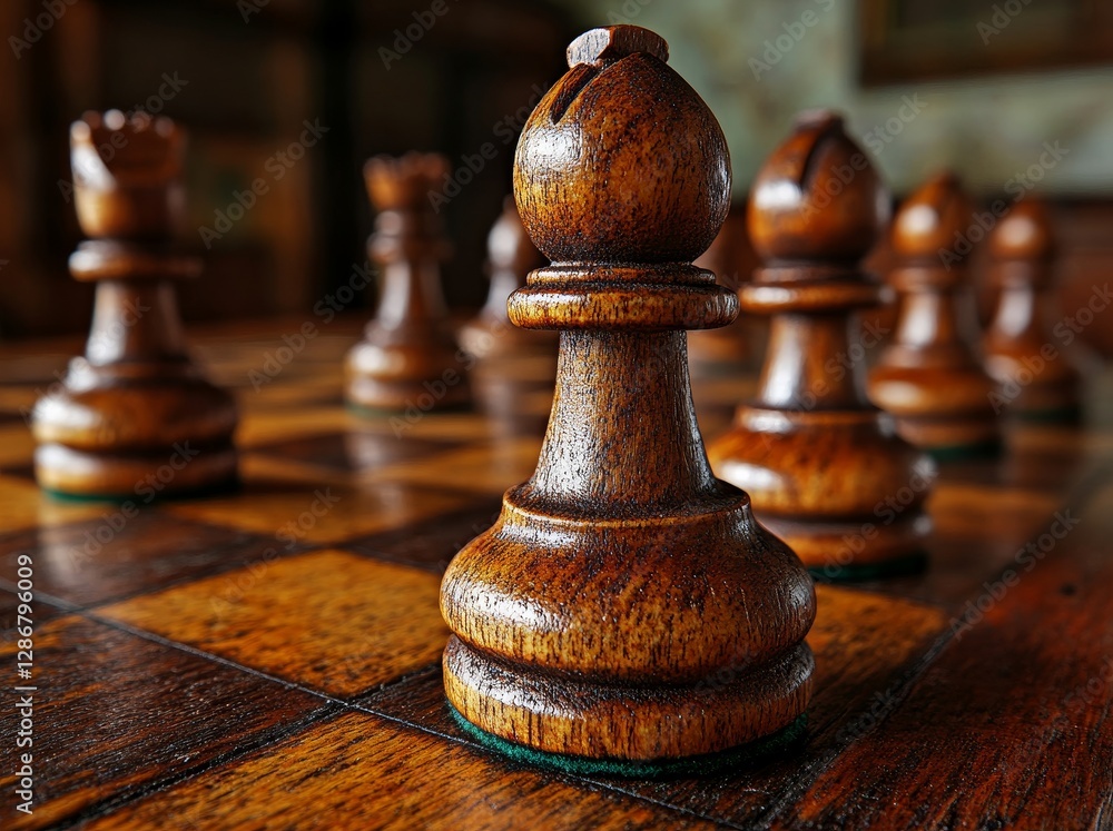 Poster professional chess pieces made of wood on a chessboard with empty space for copying