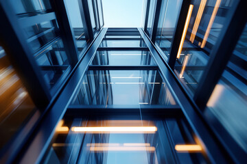 Obraz premium Elevator movement in modern glass building urban environment architectural photography low angle view contemporary design