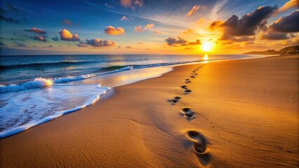 Fototapeta premium Footprints in the sand at sunset, peaceful, landscape, peaceful, landscape, dusk, solitude, sea, nature, beachy, coastal, trace
