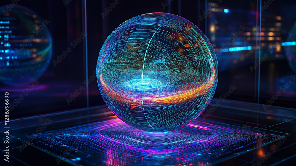Poster Futuristic glowing orb displaying complex data streams and information flow
