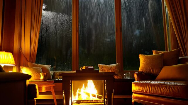 cozy interior with a fireplace, rain falling outside the window, warm and relaxing evening mood