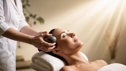 gua sha stone, Hot Stone Massage, Beauty therapist performing Gua Sha massage with stone on the face of a tranquil woman in a serene spa setting