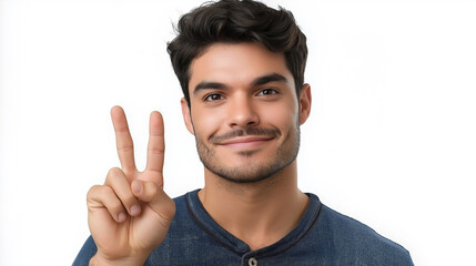 Fototapeta premium Young man showing victory sign with two fingers and smiling