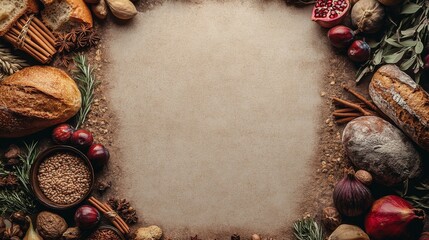 Fototapeta premium The image features an array of artisanal bread and earthy spices, beautifully arranged to highlight their textures and natural colors, giving a warm and inviting feel.