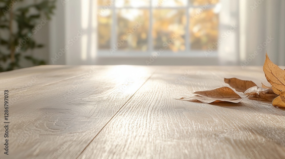 Poster sunlight illuminating empty wooden table with dry autumn leaves near bright window with blurred autu