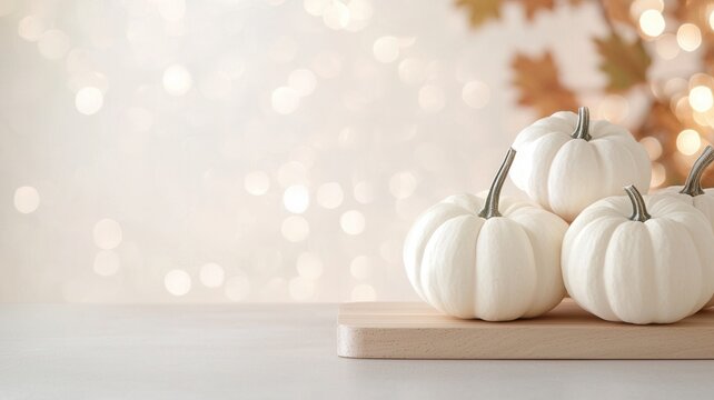 White pumpkins creating a cozy autumn atmosphere on a wooden table, illuminated by warm bokeh lights thanksgiving background Copy space for text