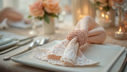 Lace napkin rings, Wedding lace napkins, wool wedding napkins, Charming lace napkin rings with blush napkins on elegantly set plates at a beautifully decorated table with flowers