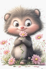 Obraz premium Charming watercolor baby fox with flowers for nursery decor and greeting cards