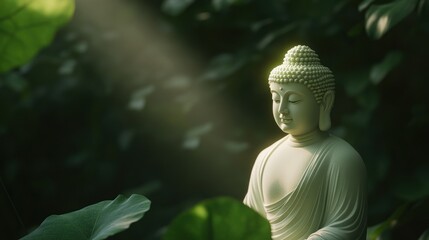 Serene Buddha Statue in Sunbeam – Spiritual Tranquility and Enlightenment