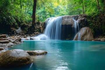 Fototapeta premium Erawan waterfall cascading into turquoise pond in tropical rainforest