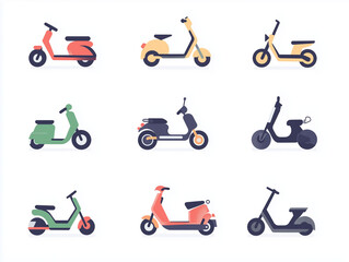 Icônes de scooters en flat design sur fond blanc