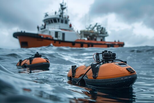 Two unmanned underwater vehicles navigate the ocean waves close to a research vessel. The cloudy sky adds a dramatic backdrop to this advanced marine exploration