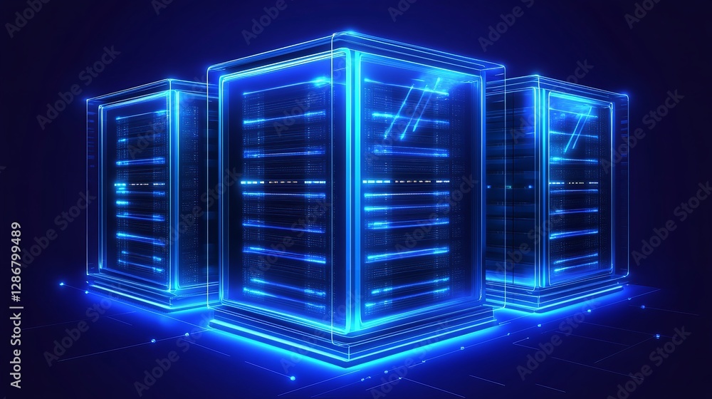 Poster abstract blue neon server racks digital technology data center network infrastructure modern futuris