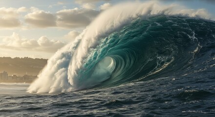 Naklejka premium Photorealistic tsunami wave with dynamic lighting and rich textures near the coast