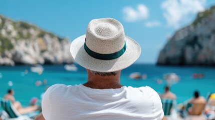 Fototapeta premium Man relaxing on beach, enjoying view, sunny day