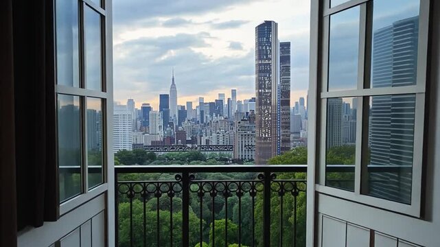 Stunning New York City skyline view from a luxury apartment balcony overlooking central park