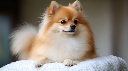 Adorable Pomeranian Puppy Resting on a Soft White Blanket