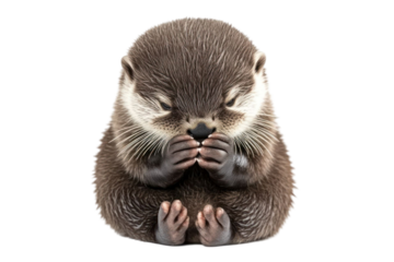 Adorable brown river otter with closed eyes sitting and hugging its paws on a transparent background. A portrait of a cute and fluffy animal in peaceful repose