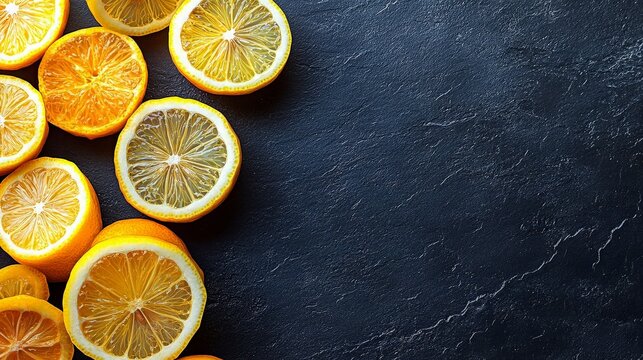 Fresh citrus slices on dark slate