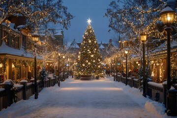 Obraz premium Christmas tree illuminating snowy street at twilight in quebec city