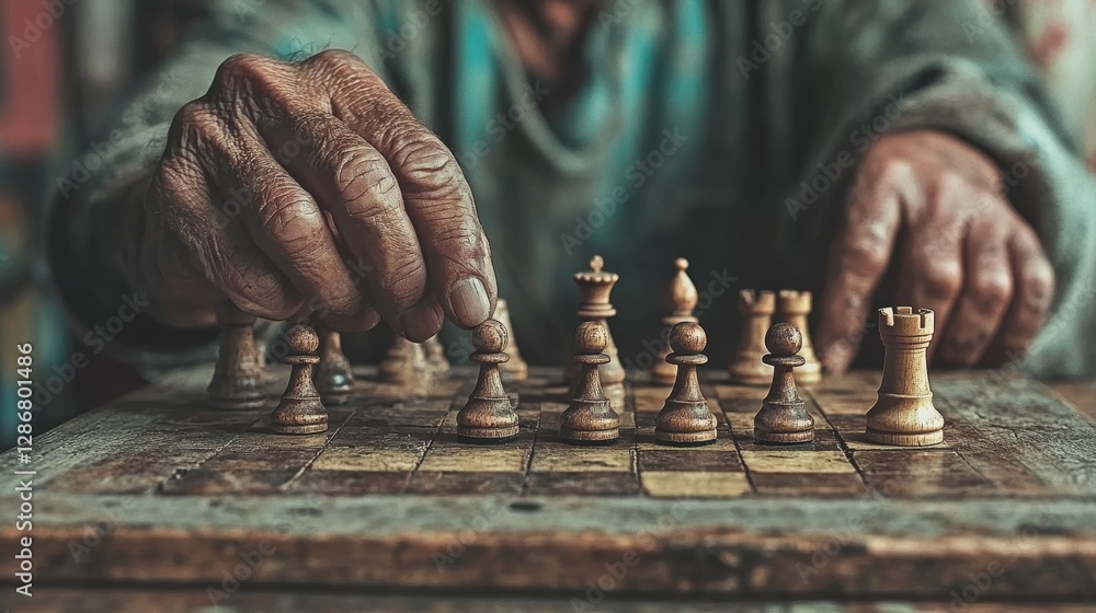 Poster playing a strategy board game like chess, with a vision of checkmate, or engaging in a contest on a 