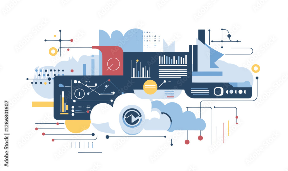 Aufkleber flat minimalist cloud data synchronization and management vector illustration