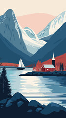 Vintage Norway Landscape with Mountains and Sailboat in Minimalist Style