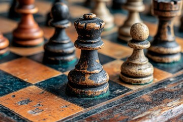 Bird's eye view of chess pieces fighting on a chessboard, embodying the idea of teamwork