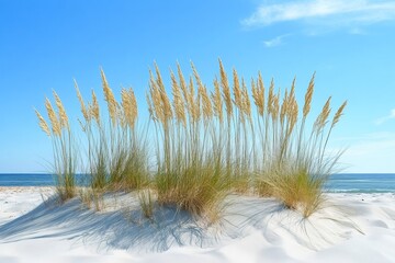 Beach grass growing on sand dune by the sea under blue sky