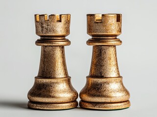 Fototapeta premium Isolated on a white background, the photograph showcases a set of luxurious gold chess pieces, comprising the king, rook, bishop, queen, knight, and pawn
