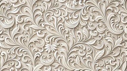 Elegant white floral swirl pattern on soft beige background, intricate embossed luxury design perfect for wallpapers, home decor, invitations, and classic vintage themes