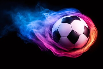 Fototapeta premium Soccer ball floating in colorful abstract smoke trail on black background