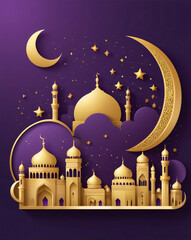 Elegant 'Ramadan Mubarak' in bold gold calligraphy on deep blue background with glowing crescent moon and lanterns